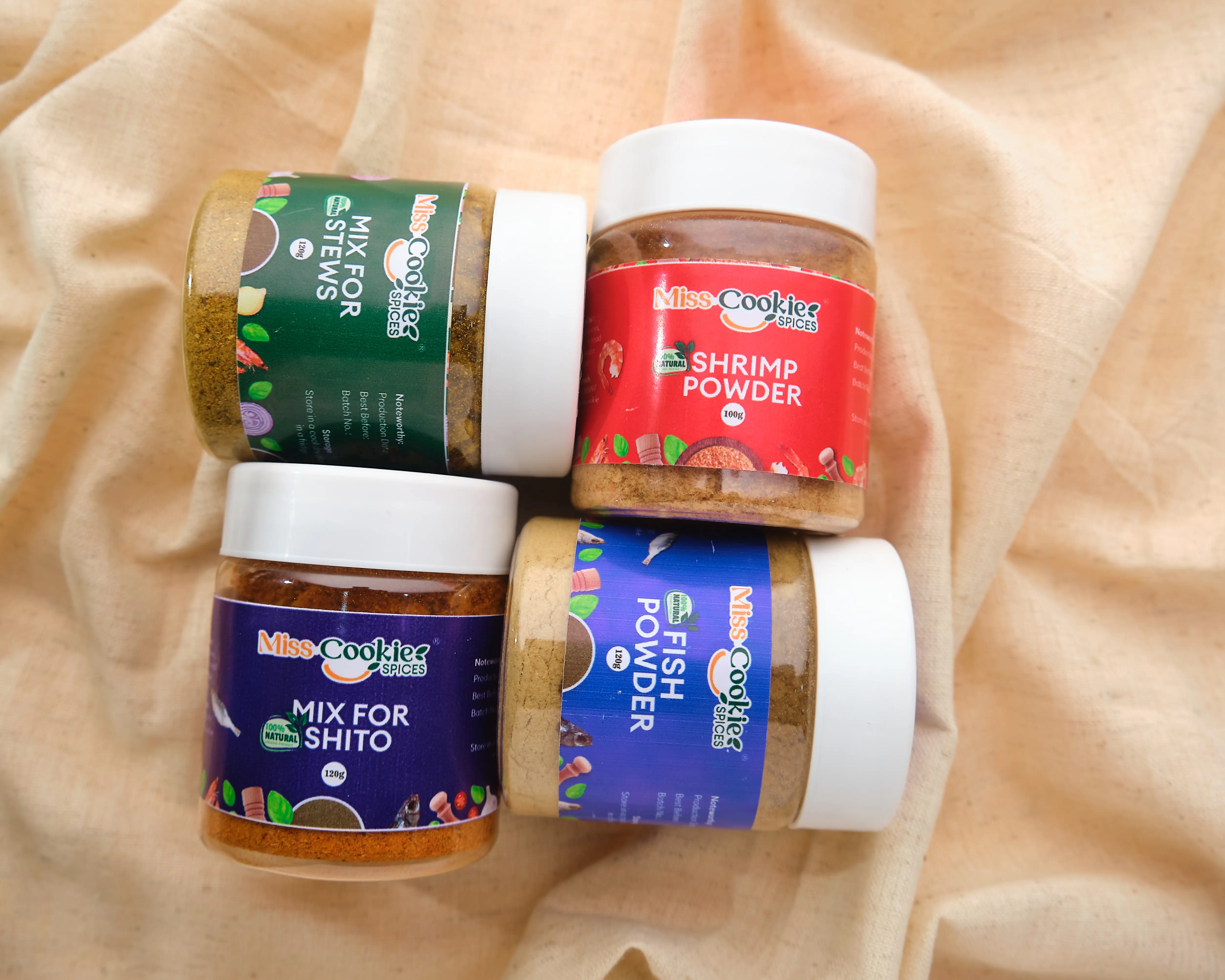Four Miss Cookie jars: Mix for Stews, Shrimp Powder, Mix for Shito and Fish Powder