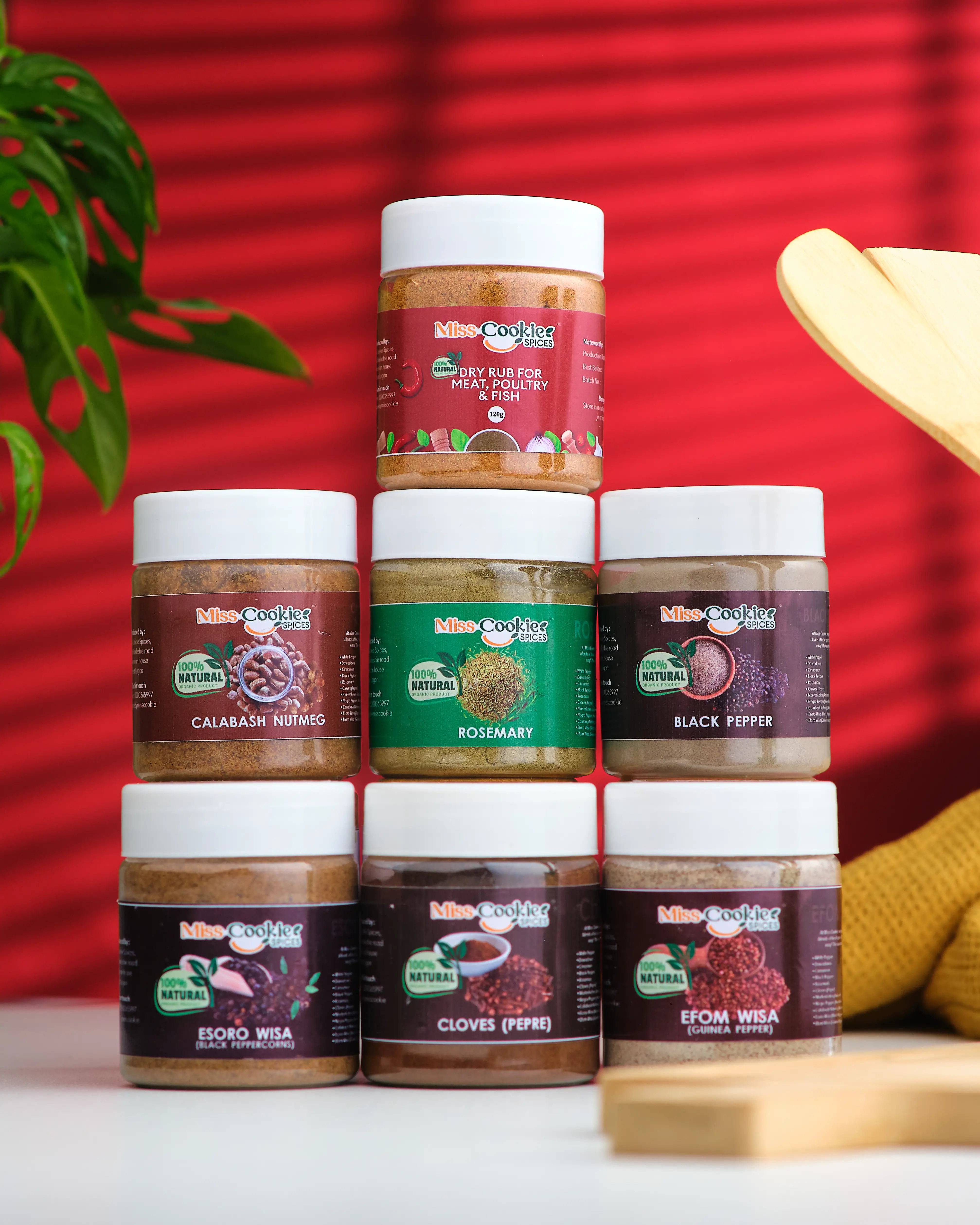 Stacked Miss Cookie jars: dry rub, calabash nutmeg, rosemary, black pepper, cloves